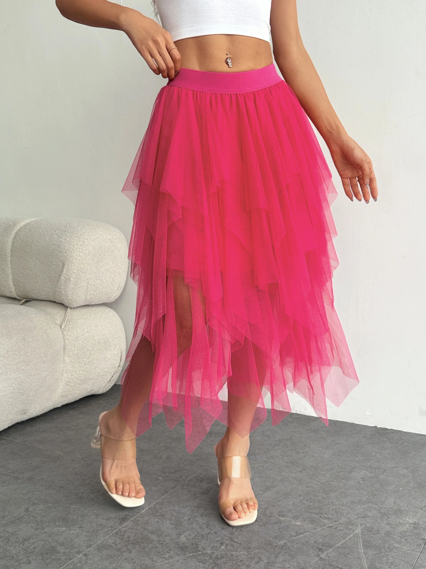 Ladies' high waisted elastic waist layered chiffon midi skirt with irregular asymmetric hem party casual mesh fairy ballet skirt