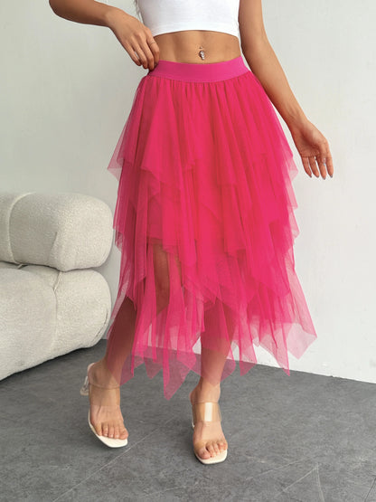 Ladies' high waisted elastic waist layered chiffon midi skirt with irregular asymmetric hem party casual mesh fairy ballet skirt