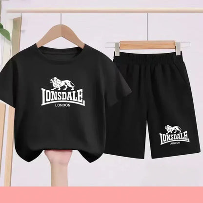 Lion Alphabet Print Kids Summer T-shirt Boys Girls Toddlers 3-12 Years Top+ Shorts 2P Outdoor Sports Clothes Fashion Leisure Set