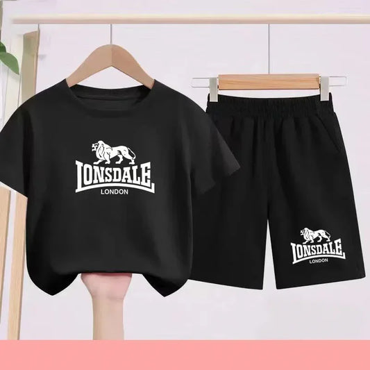 Lion Alphabet Print Kids Summer T-shirt Boys Girls Toddlers 3-12 Years Top+ Shorts 2P Outdoor Sports Clothes Fashion Leisure Set