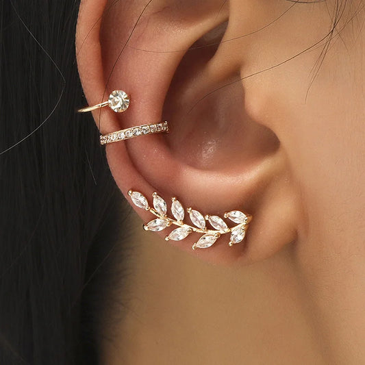 Fashion Exquisite Crystal Zerconia Ear Cuff Earrings for Woman Non Piercing Leaf Clip Earrings Christmas Jewelry Gift