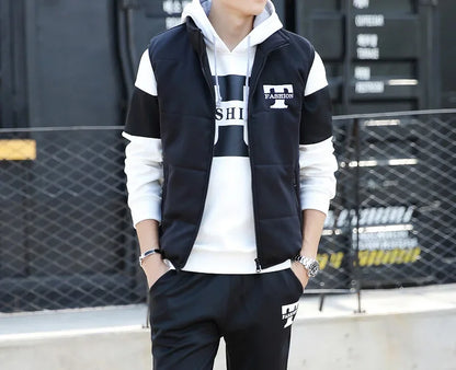 3 Pieces Set Hoodies+Vest+Pants Casual Track Suit Clothing Coats Winter Thick Warm Tracksuit for Couple Printed Mens Set Vest