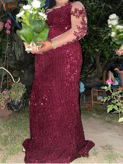 O Neck Curve Long Sequined Velvet Lace Evening Dress Prom Gown Floor Length Backless Maxi Dresses