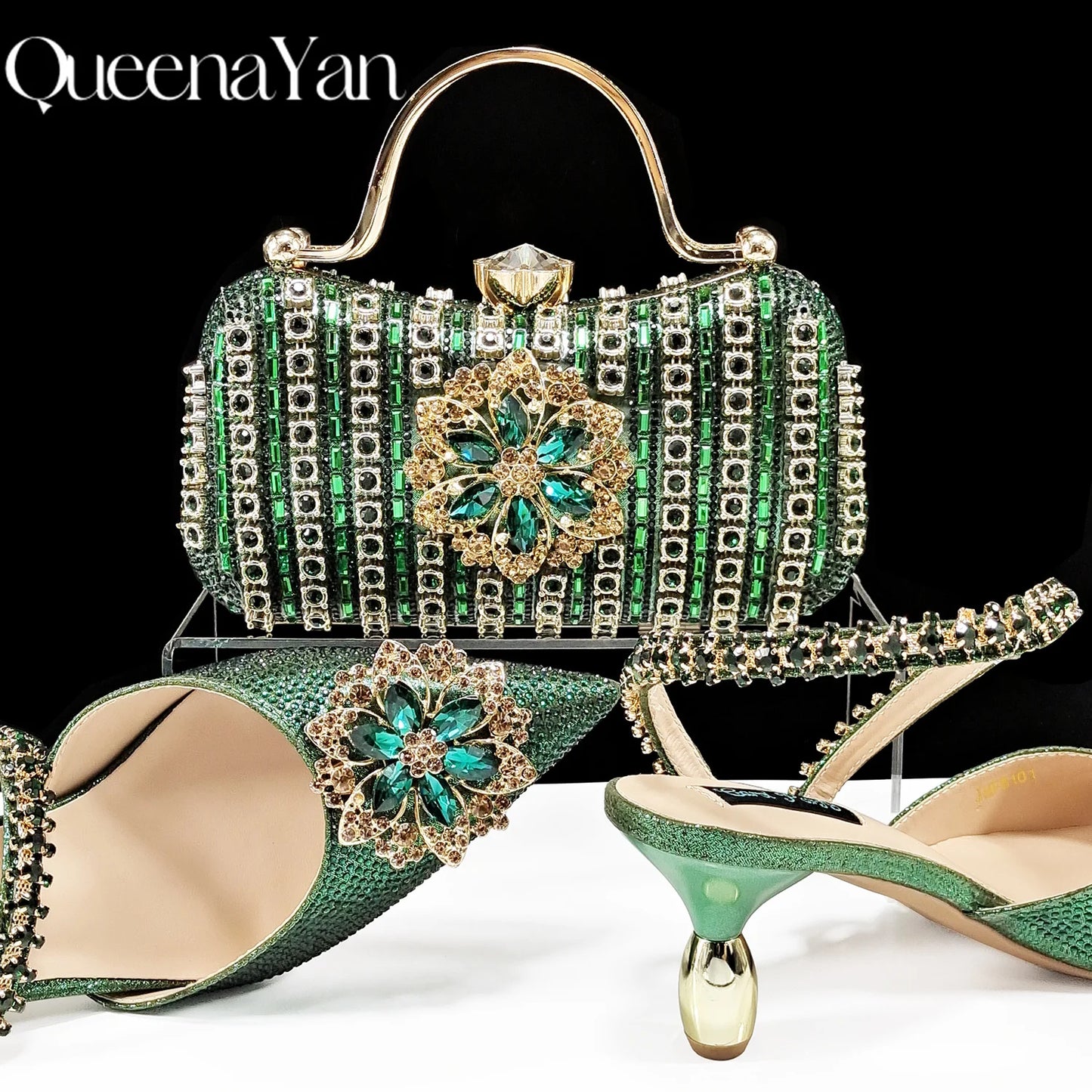 Party Perfection: Rhinestone-Embellished Heels and Gold Mini Bag for Elegant Nights