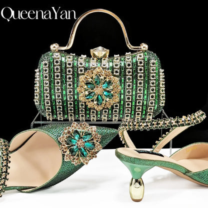 Party Perfection: Rhinestone-Embellished Heels and Gold Mini Bag for Elegant Nights