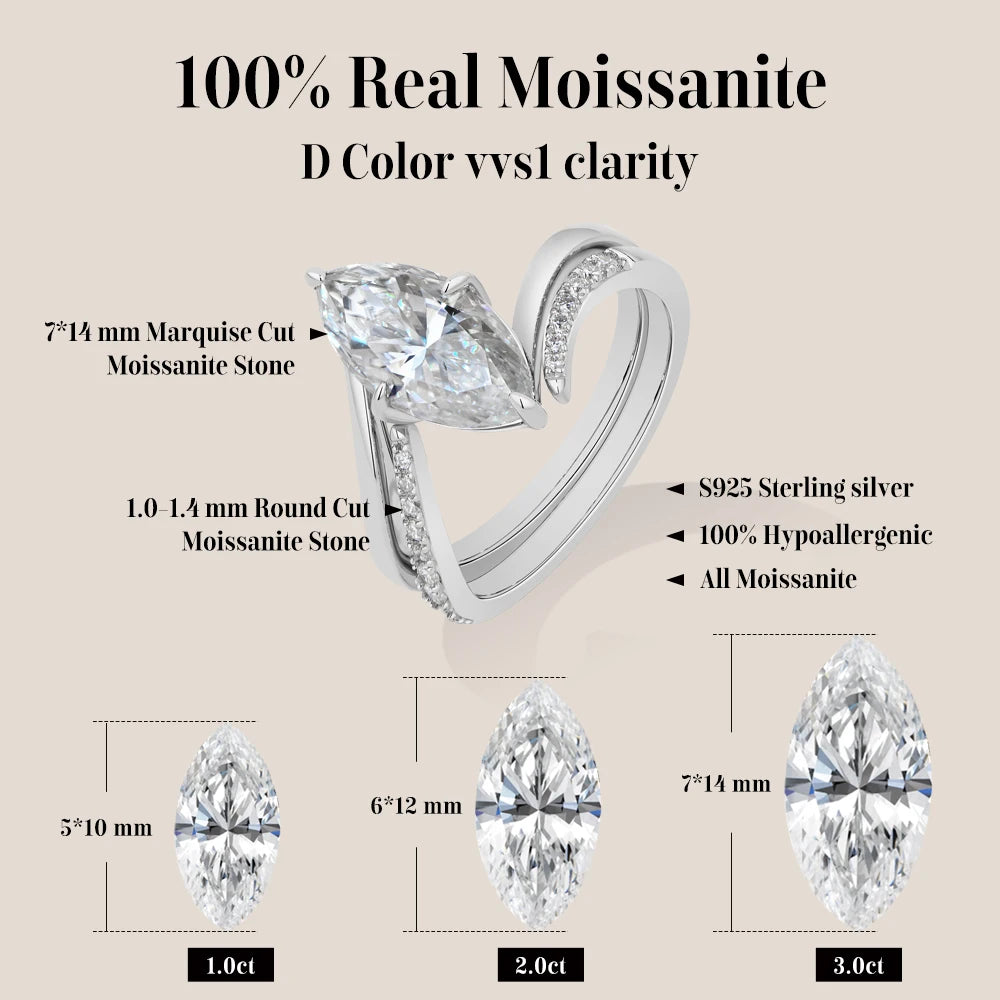 Luxury Marquise Cut Moissanite Stacking Rings S925 Silver Split Shank Engagement Band Women Bridal Sets Wedding Jewelry