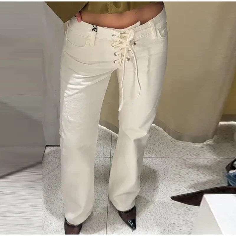 Drawstring Lace Up Women Jeans White High Waist Pockets Straight Female Denim Pants Female 2025 Summer New Fashion Lady Pant