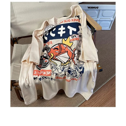 Parent-child Clothing Summer Ins Harajuku Japanese Carp Short-sleeved T-shirt Men's Tide Brand Street Loose Couple Tops Clothing