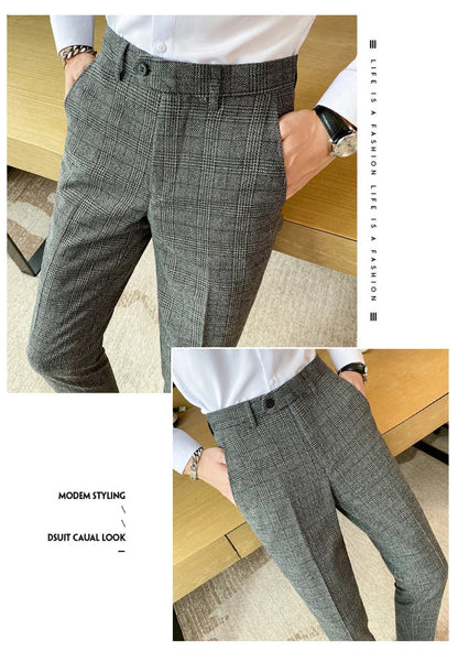 Boutique Classic Plaid and Striped Fashion Men's Casual Business Slim Suit Pants Groom Wedding Dress Trousers Party