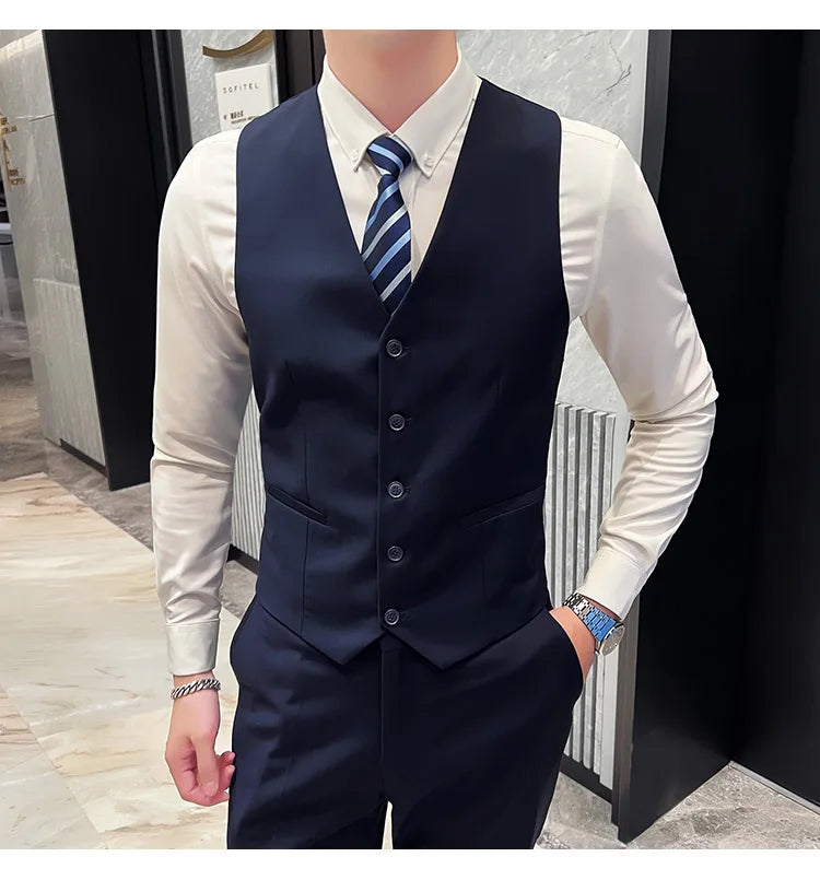 Men's High-Quality 3-Piece Business Casual Wedding Suit Vest Trousers Set Handsome Fashion Banquet Clothing S-6XL