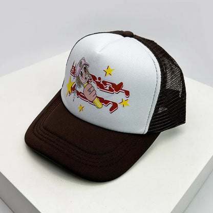 New American Style Men Women Cruise Printed Anime Letter Half Mesh Caps Sunshade Breathable Baseball Hats Versatile Fashion Cute