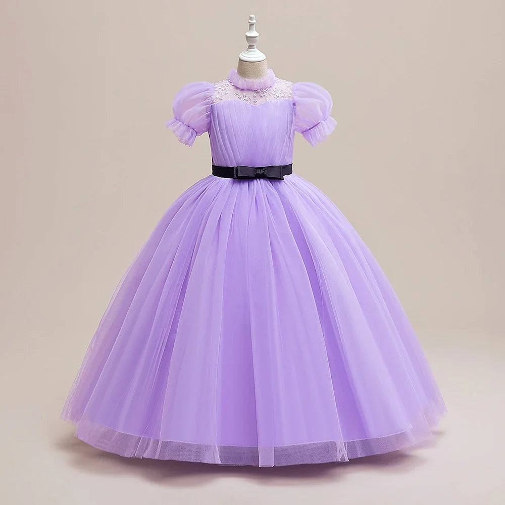 Summer Bridesmaids Party Girl Dresses Elegant Short Sleeve Birthday Princess Dress For Girl Tulle Wedding Prom Evening Customes