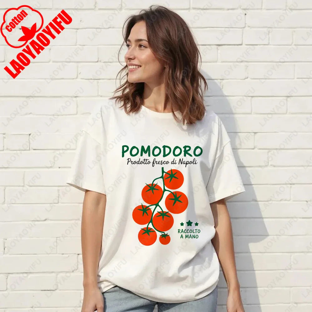 Vintage Italian Tomato Cotton Graphic Tshirt Summer Shirt Women Top Italy Vacation Aesthetic Tomato Girl Market Style