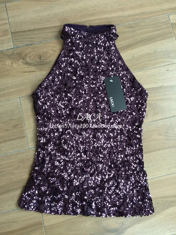 Sequins Women Fashion Shimmer Flashy Embellished High Quality Halter Neck Sleeveless Vest Sexy Tank Top Clubwear Stage Perform