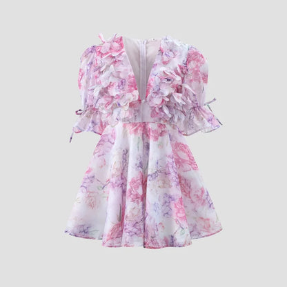 Chic Floral Printed Mini Dress Backless Sleeveless Hem Stacking Dresses Sweet A Line Vestidos 2025 New Lady Party Club Clothing
