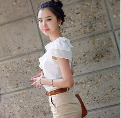 1pcs Woman Summer Korean Ruffled Shirt Lady Chiffon Lotus Leaf Sleeves Turndown Collar Slim Fit Shirt Female Business Attire Top