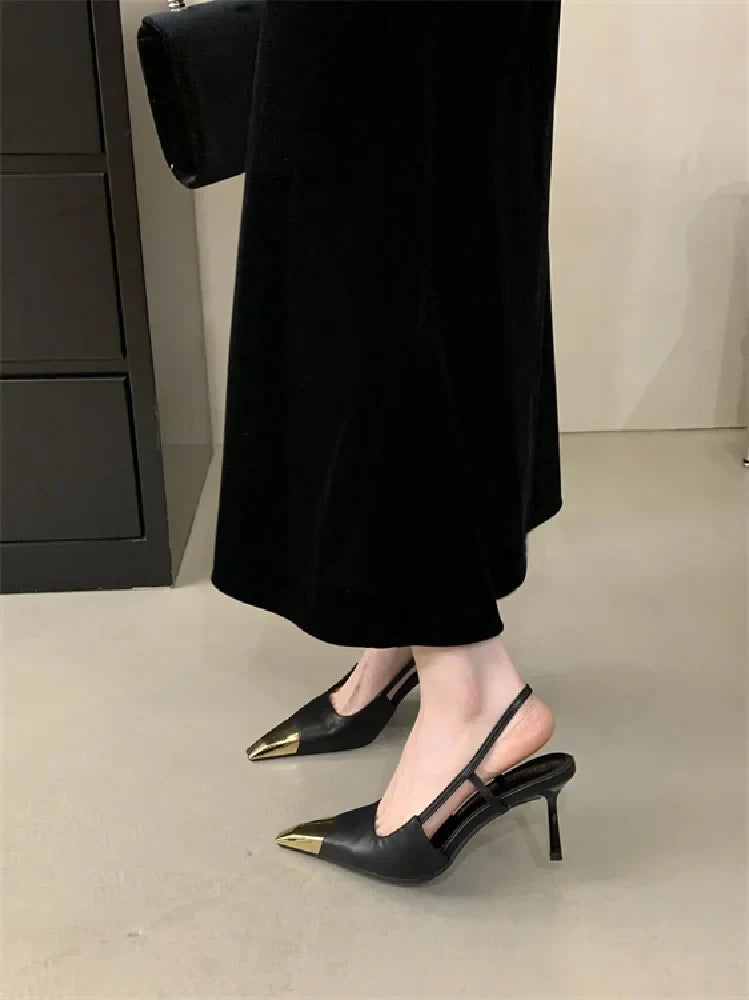 Street Style Sexy Pointed Toe Slingbacks Pumps Women Stripper Sandals High Heels Female Banquet Shoes Brown Kitten Heels