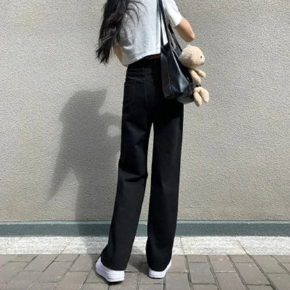 Fashionable Casual Straight Leg Women's Pure Black Jeans High Waisted Slim Fit Wide Leg Pants 2024 New Jeans