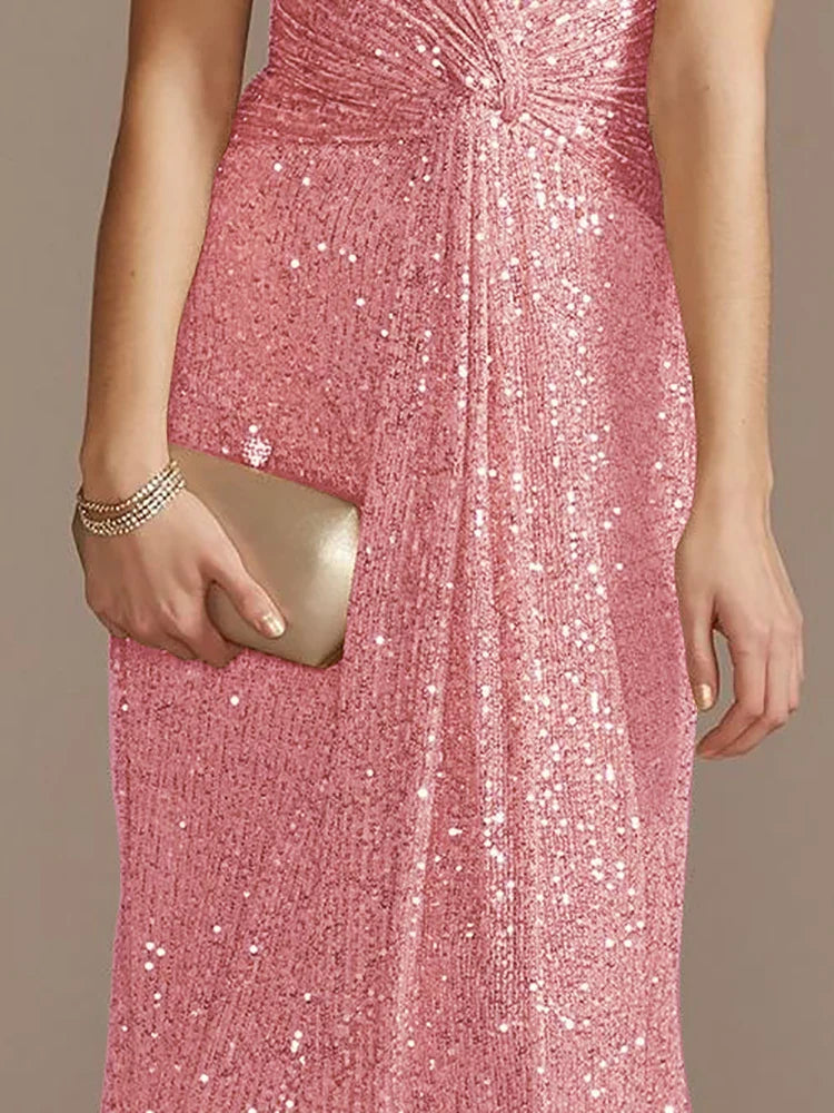 Luxury Pink Floor Length V-Neck Evening Dress 2025 Women Elegant Party Maxi Dress Sequin Short Sleeves Prom Cocktail Gowns