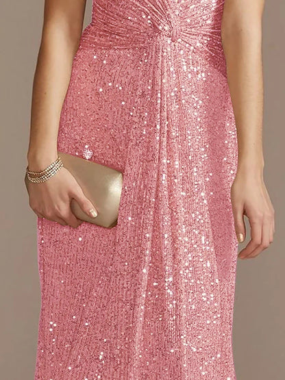 Luxury Pink Floor Length V-Neck Evening Dress 2025 Women Elegant Party Maxi Dress Sequin Short Sleeves Prom Cocktail Gowns