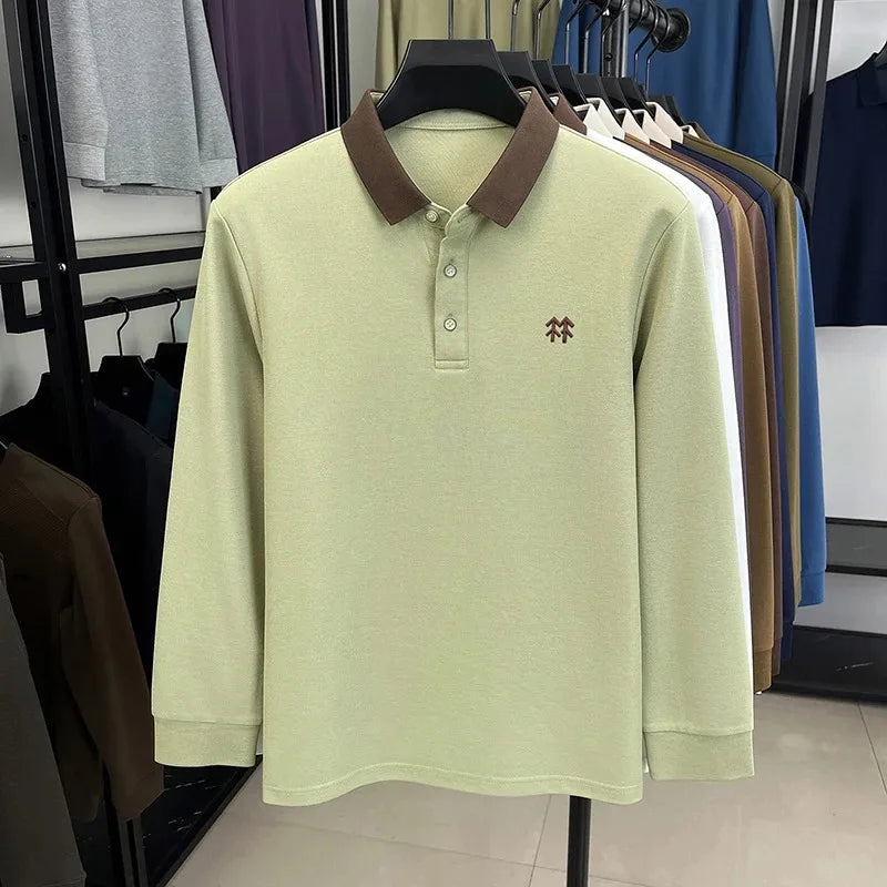 Fashion luxury brand long sleeve polo shirt men's autumn new trend badge embossed design Korean casual silk cotton lapel T-shirt