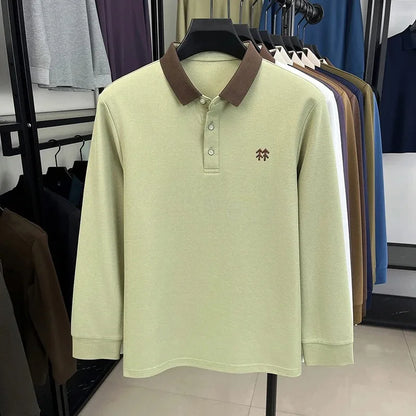 Fashion luxury brand long sleeve polo shirt men's autumn new trend badge embossed design Korean casual silk cotton lapel T-shirt