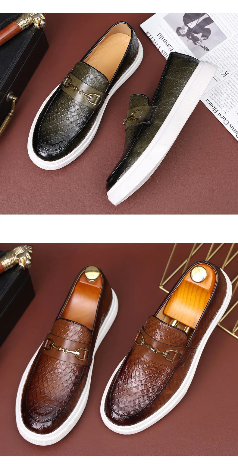 Fashion Men's Casual Shoes Snakeskin Grain Leather Men Retro British Style Loafers Monk Shoes Mens Slip-on Outdoor Driving Flats