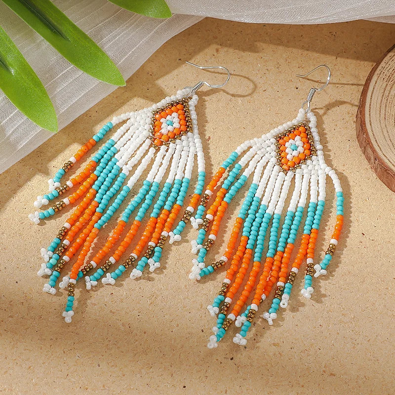 White Rice Beads Earrings For Women Retro Boho Tassels Water Drop Earrings Exaggerated Ethnic Style Earrings Jewelry
