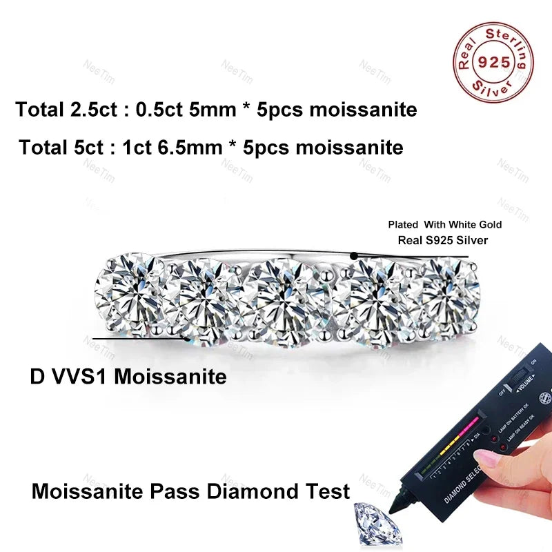 5mm 6.5mm Full Moissanite Ring for Women S925 Sterling Silver Eternity Sparkling Diamond Band Wedding Rings Jewelry