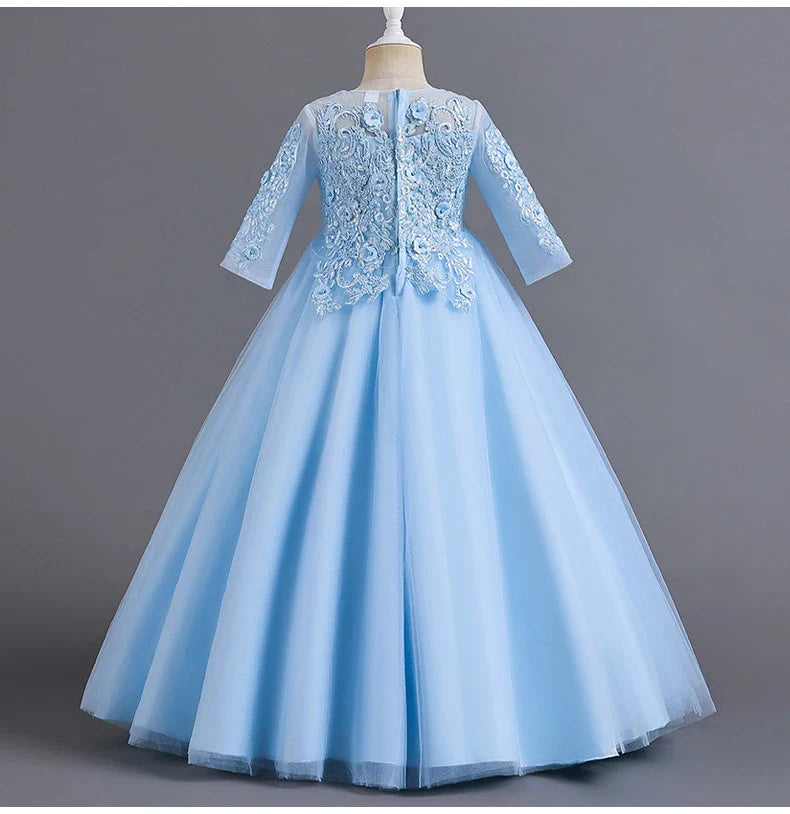 New Slim short sleeve fashion girls dress 3-12 years old Fluffy white wedding Sweet Princess dress lace