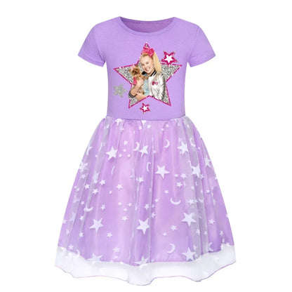 2025 Girls Princess Dress Kids Cute JOJO Siwa T Shirt Pleated Dresses Children Summer Vestidos Cartoon Birthday Party Clothes