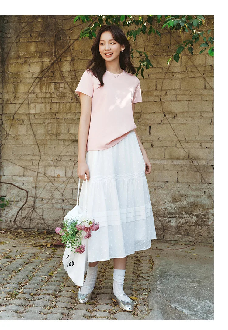 Skirt Women Elastic Waist A-Line Elegant 2025 New Summer Patchwork Lace Polka Dot Long Skirt Graceful for Daily Wear