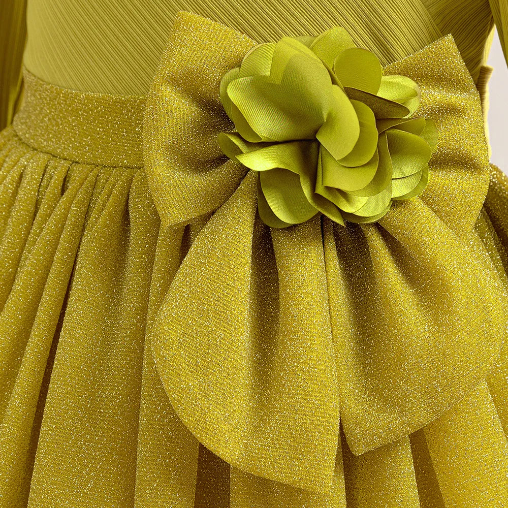 Summer Flower Wedding Girls Party Dress Long Sleeve Baptism Bridesmaids Princess Dresses Girl Gala Bow Birthday Evening Costumes