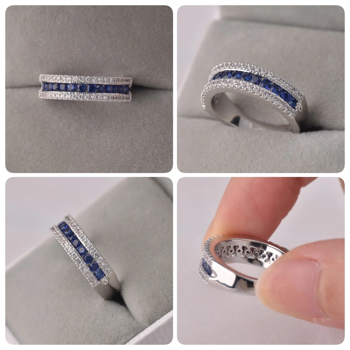 White and Blue Created Sapphire Rings for Women Half Eternity Wedding Band Cubic Zircon Party Ring