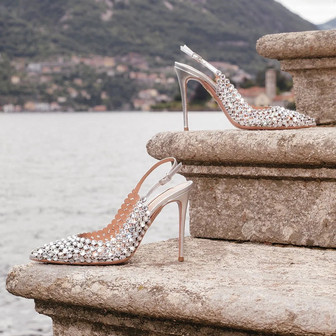 Diamond high heels for women in2025with a single button back strap,sexy wedding shoes for brides,slim heels,pointed toe sandals