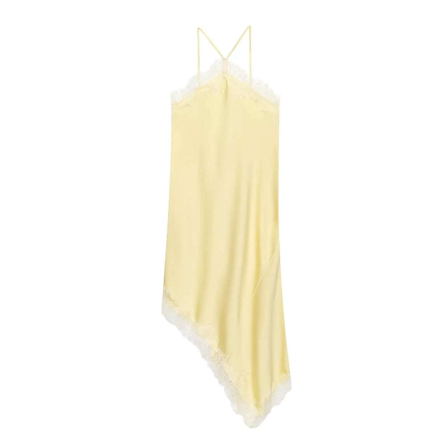 Summer New Product Women's Lace Decorative Satin Texture Strap Sexy Dress with Hanging Neck and Asymmetric Bottom