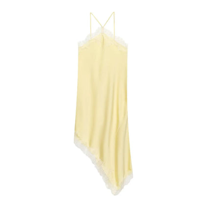 Summer New Product Women's Lace Decorative Satin Texture Strap Sexy Dress with Hanging Neck and Asymmetric Bottom
