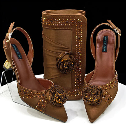 Newest Arrival Fashion Shoes Matching Bag Set in Rose Blossoms Decorated with Rhineston For Ladies Wedding Party