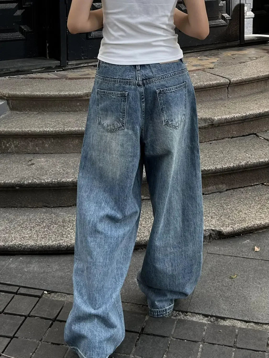 Vintage Aesthetic Emo Loose Washed Pants 2024 Summer Women's Casual Blue Harajuku Jeans Y2K Wide Leg Punk Baggy Denim Trouser