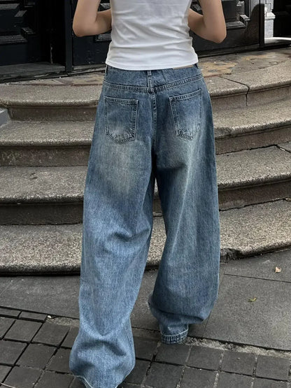 Vintage Aesthetic Emo Loose Washed Pants 2024 Summer Women's Casual Blue Harajuku Jeans Y2K Wide Leg Punk Baggy Denim Trouser