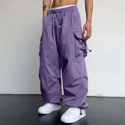 Cool Streetwear Versatile Quicky Drying Wide Leg Low Waist Drawstring Cargo Trousers Fashion Daily Casual Pockets Pants For Male