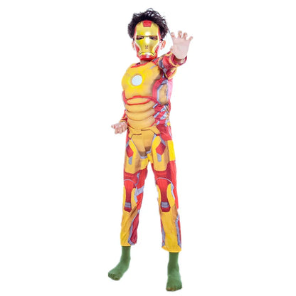 Kids Yellow Iron Man Costume Superhero Muscle Suit with Mask Role Play Costume for Halloween Christmas Party Performance