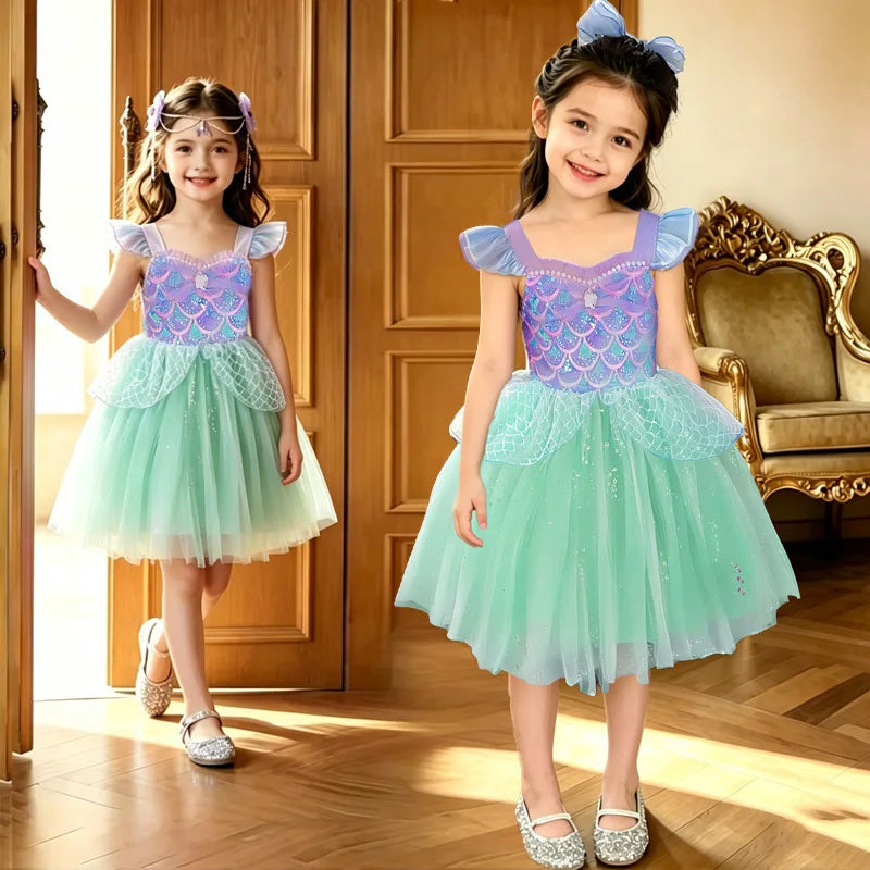 Girls Tulle Dress Princess Kids Fashion Sequined Puffy Ballet Dance Gown Baby Sleeveless Tutu Skirt Christmas Halloween Vestidos