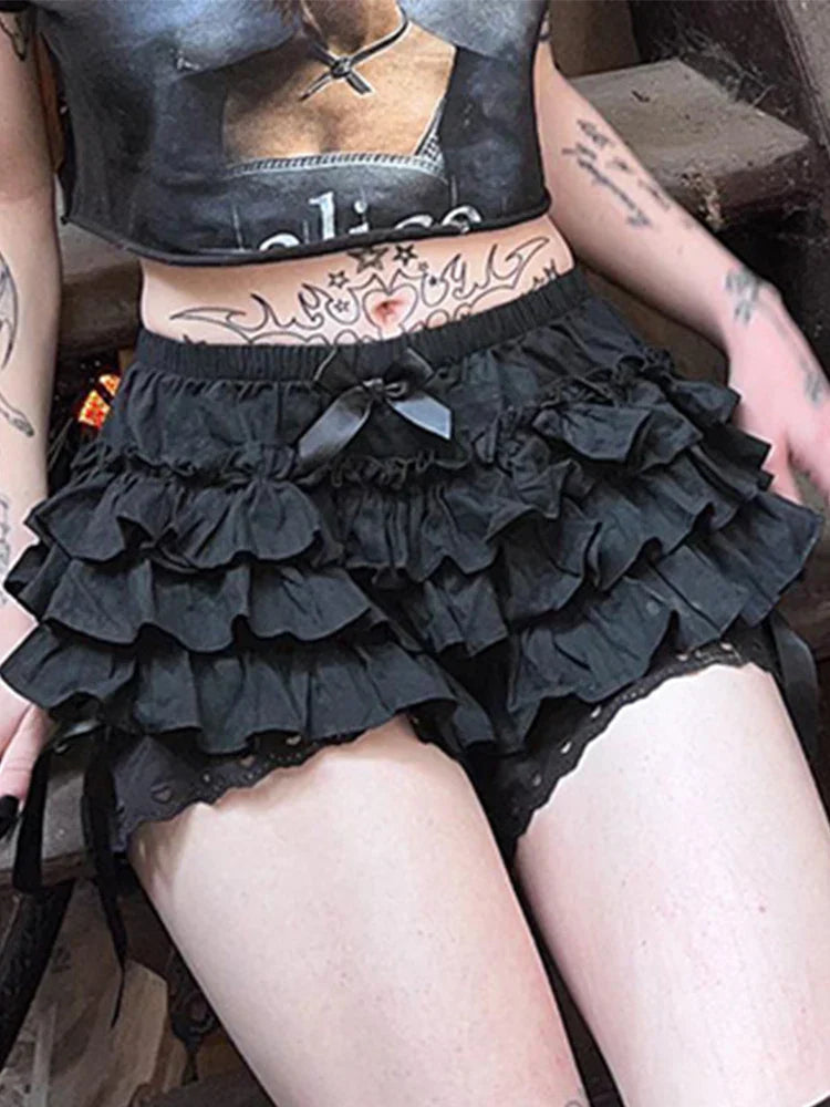 Mall Goth Lolita Lace Shorts Women Aesthetic Cute Sweet Bow Patchwork Shorts Y2k E-girl Emo Alternative Kawaii Outfits
