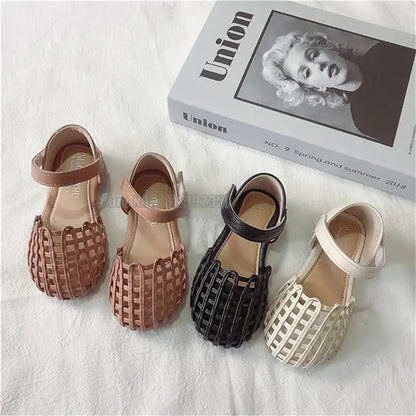 Girls Sandals Summer New 1-12 Years Baby Kids Soft Soled Woven Closed Toe Children Princess Hollow Shoes