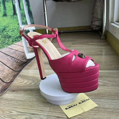 2026 Women's Round Head Sandals Thin Heels 5cm Thick Bottom Slope Heel Fish Mouth Rivet Sandal T-Platform Sandals Size34-43