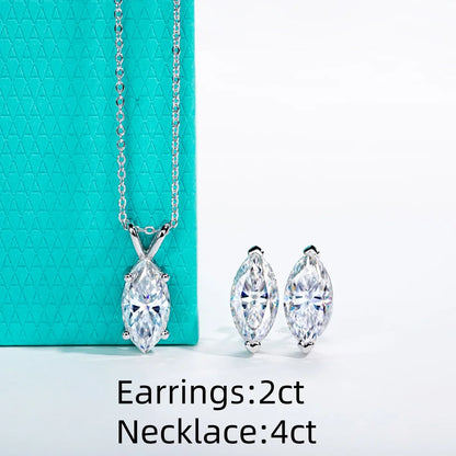 2-5ct Marquise Moissanite Necklace 0.5-3ct Earrings 925 Sterling Silver 18k Gold Plated Wedding Jewelry Set for Woman