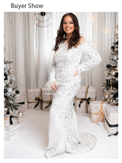 Sparkle Sequin Green Feathers Maxi Cocktail Dress Mermaid Off Shoulder Long Sleeves Stretch Wedding Party Gown Dresses 2025