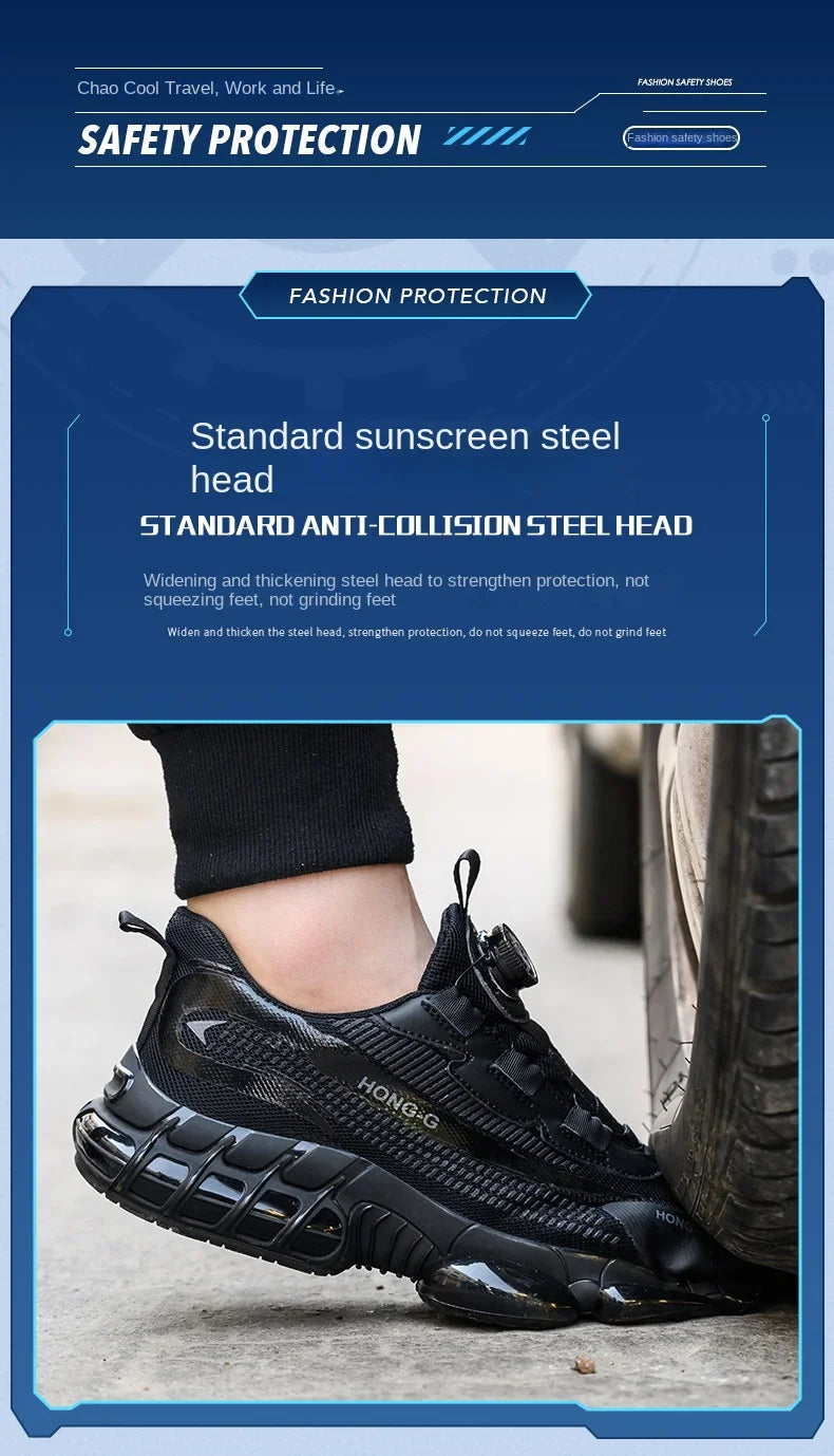 Men Rotating Button Work Sneakers Steel Toe Shoes Safety Boots Puncture-Proof Tactical Boots Indestructible Fashion Protective