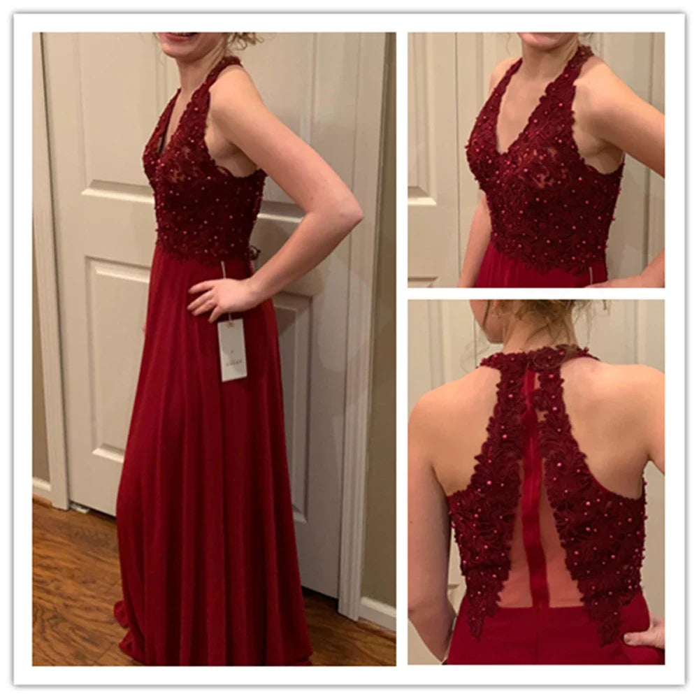 Dusty Pink Halter V-neck Lace Pearls Wedding Evening Dresses Long Dress Hollow Out Chiffon Elegant Party Dresses For Women 2024